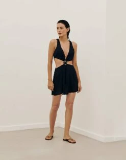 Rita Detail Short Cover Up - Black -Swimwear Sales RITADETAILSHORTCOVERUP FRONT